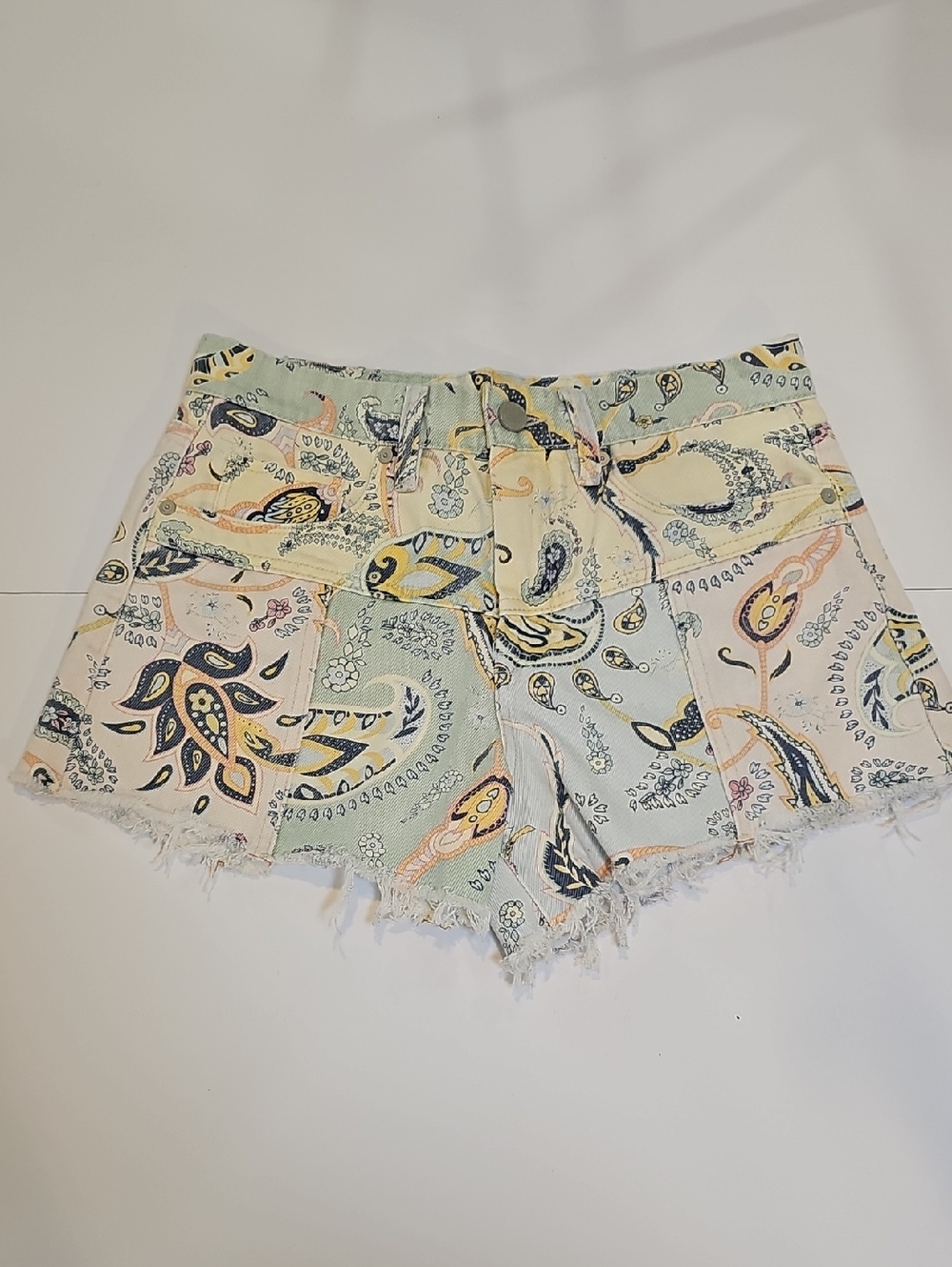 BLANKNYC The Borrow Paisley Patchwork Denim Shorts
